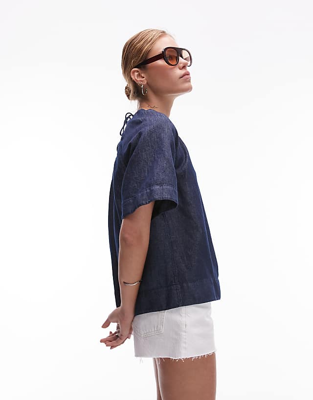 Asos ARKET Linen Denim Top With Volume Sleeves In Clean Indigo Blue