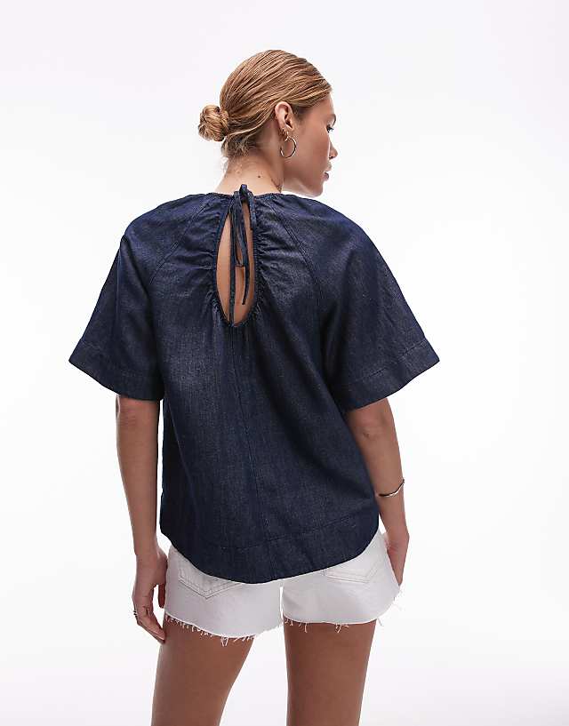 Asos ARKET Linen Denim Top With Volume Sleeves In Clean Indigo Blue