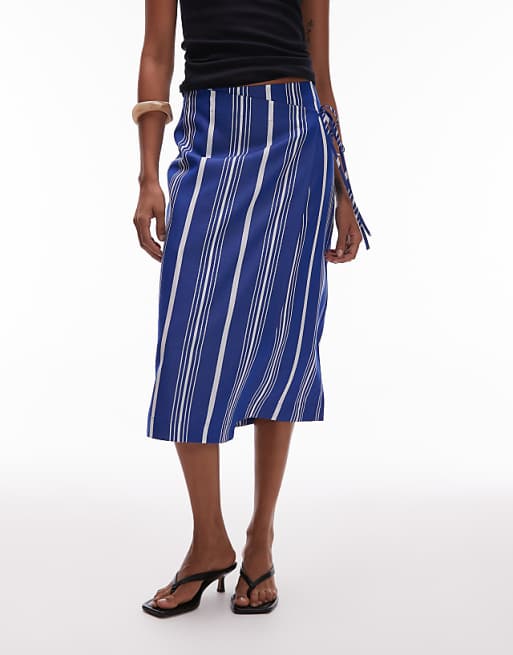 Asos ARKET Linen Wrap Beach Midi Skirt In Blue Pinstripe