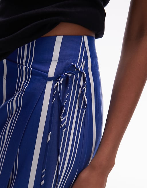Asos ARKET Linen Wrap Beach Midi Skirt In Blue Pinstripe