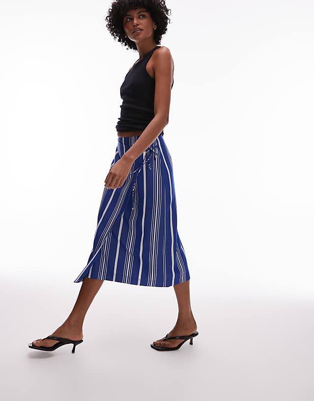 asos ARKET linen wrap beach midi skirt in blue pinstripe