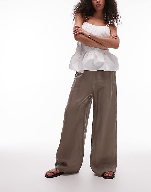 asos ARKET pure linen palazzo trousers with pull-on waist in mocha brown