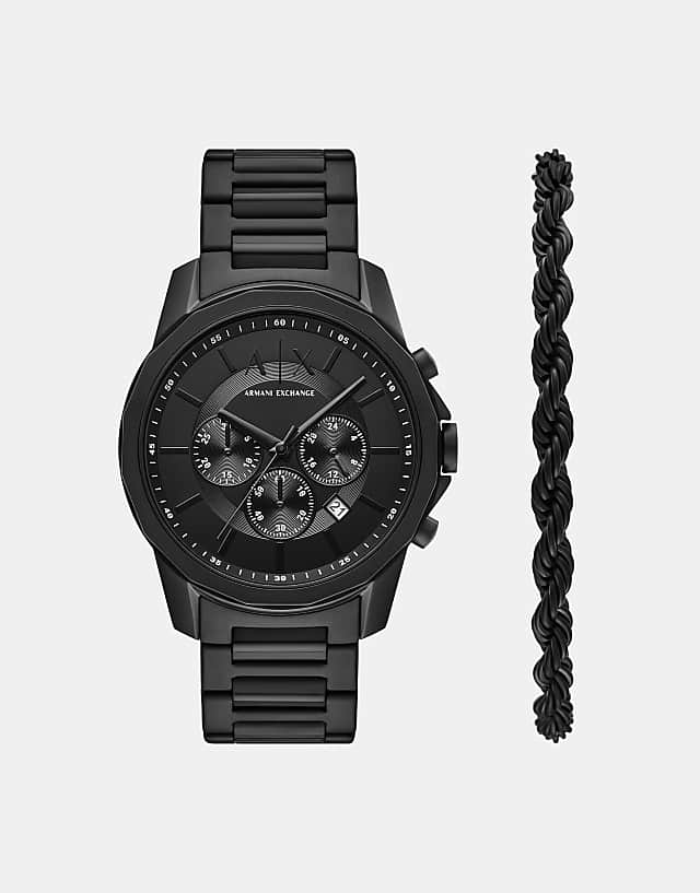 asos Armani Exchange Chronograph black stainless steel watch and bracelet set in black
