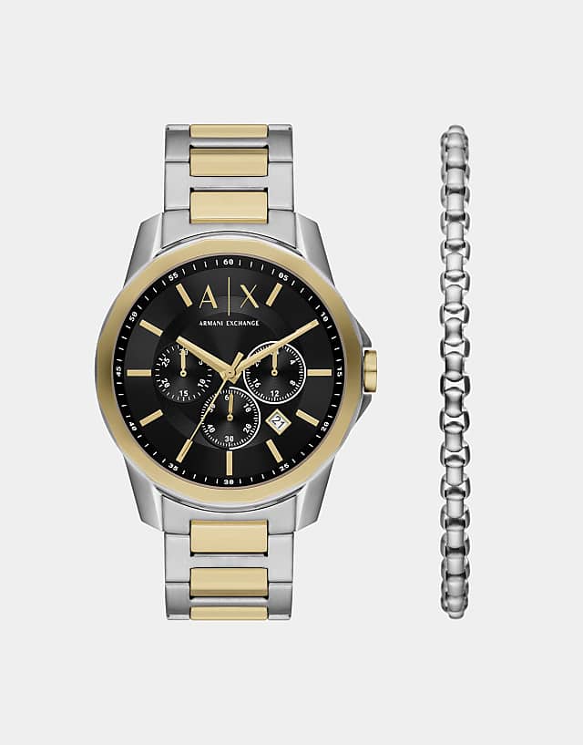 asos Armani Exchange Chronograph two-tone stainless steel watch and bracelet set in gold silver