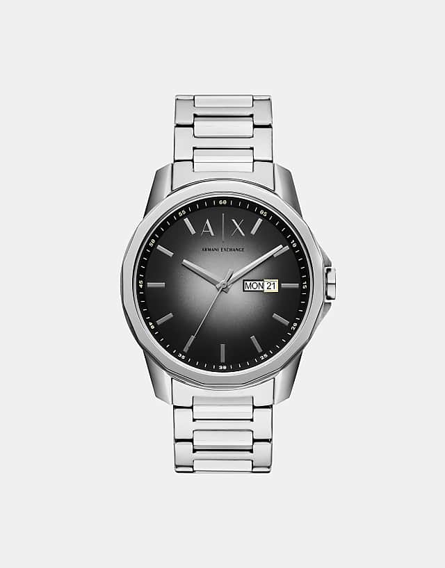 asos Armani Exchange Men's banks three-hand day-date stainless steel watch ax1764 in silver