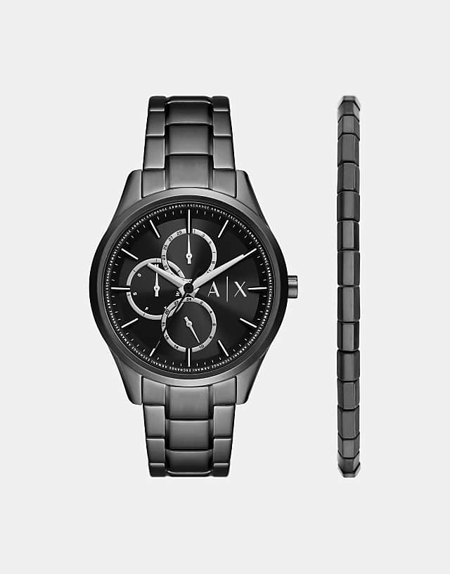 asos Armani Exchange Multifunction black stainless steel watch and bracelet set in black