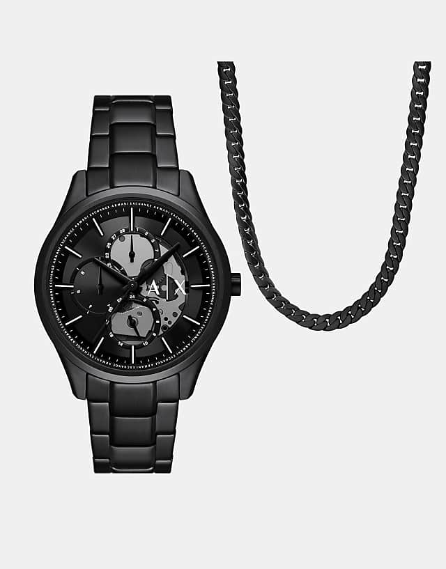 asos Armani Exchange Multifunction black stainless steel watch and necklace set in black
