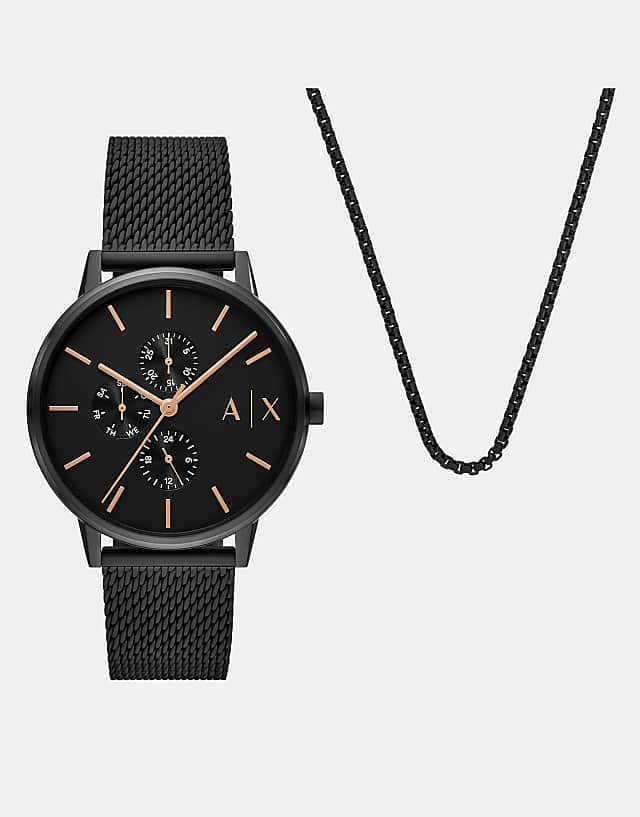 asos Armani Exchange Multifunction black stainless steel watch and necklace set in black