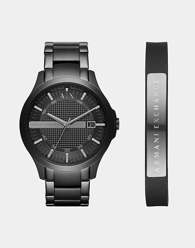 asos Armani Exchange Three-hand date black stainless steel watch and bracelet gift set in black