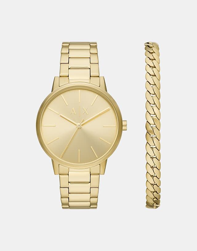 asos Armani Exchange Three-hand gold-tone stainless steel watch and gold-tone stainless steel bracelet set in gold