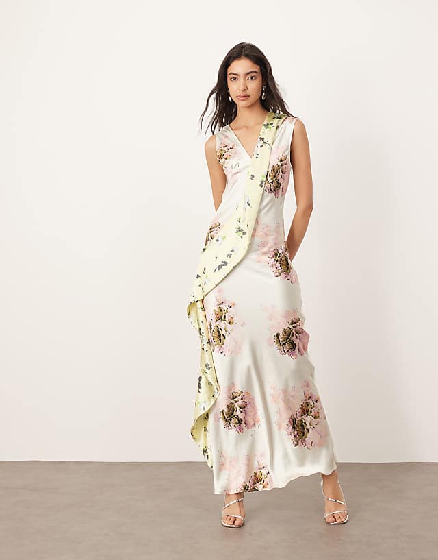 Asos ARRANGE Asymmetric Panelled Maxi Dress In Mixed Floral Print