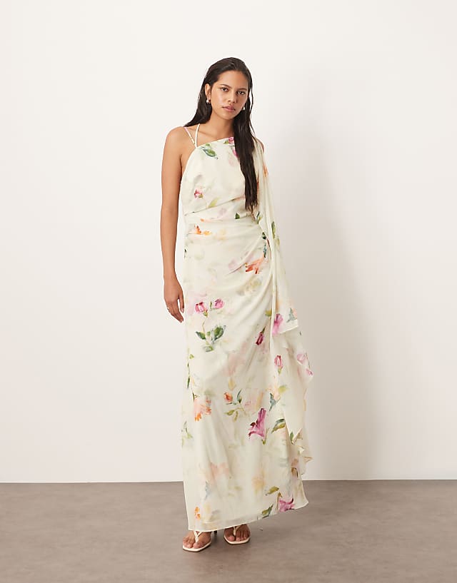 Asos ARRANGE Backless Chiffon Draped Maxi Dress In Layered Painterly Floral