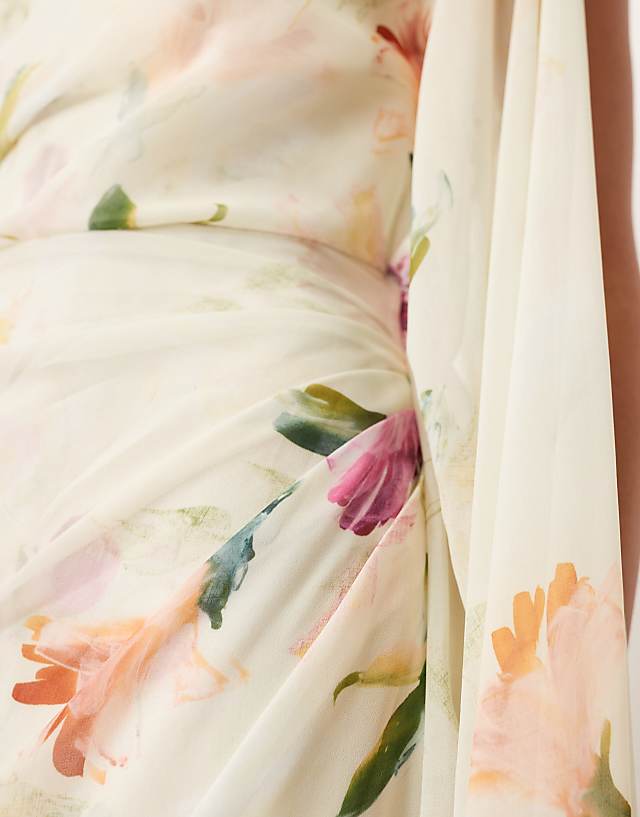 Asos ARRANGE Backless Chiffon Draped Maxi Dress In Layered Painterly Floral
