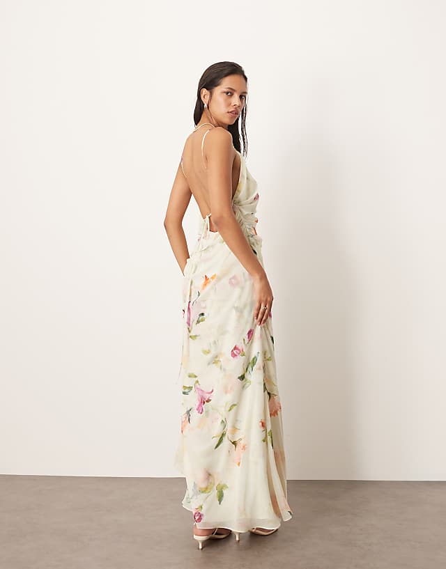 Asos ARRANGE Backless Chiffon Draped Maxi Dress In Layered Painterly Floral