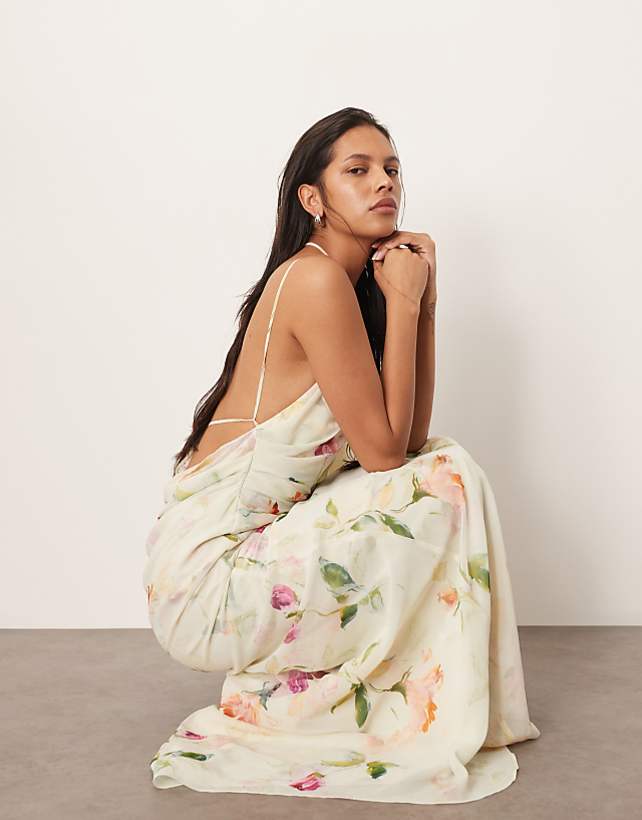 asos ARRANGE backless chiffon draped maxi dress in layered painterly floral