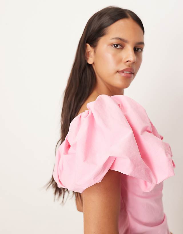 Asos ARRANGE Bardot Ruched Puff Sleeve Maxi Dress In Pink