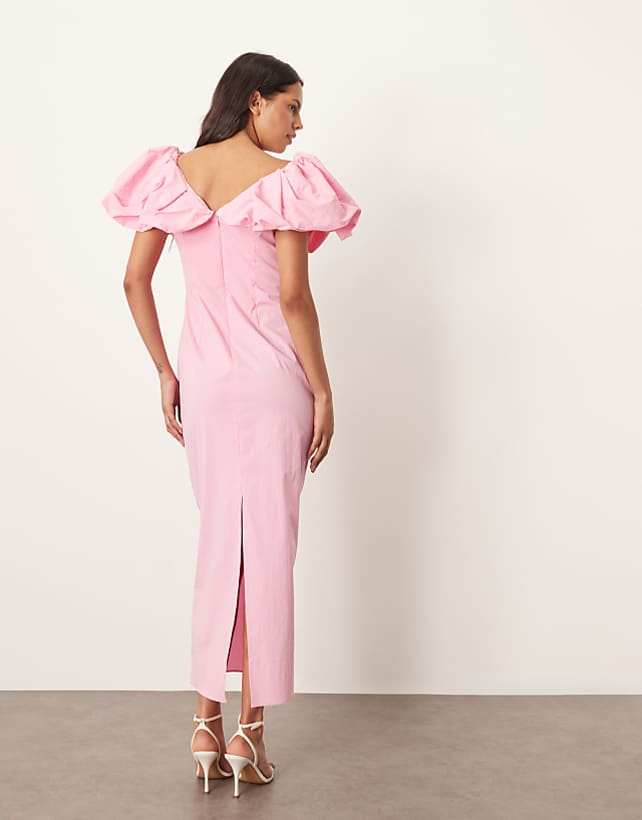 Asos ARRANGE Bardot Ruched Puff Sleeve Maxi Dress In Pink