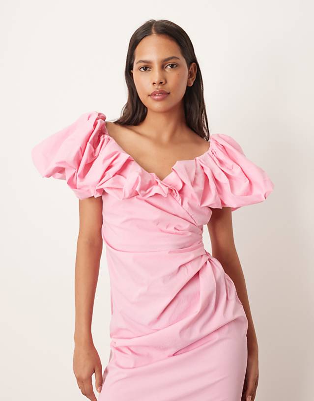 Asos ARRANGE Bardot Ruched Puff Sleeve Maxi Dress In Pink