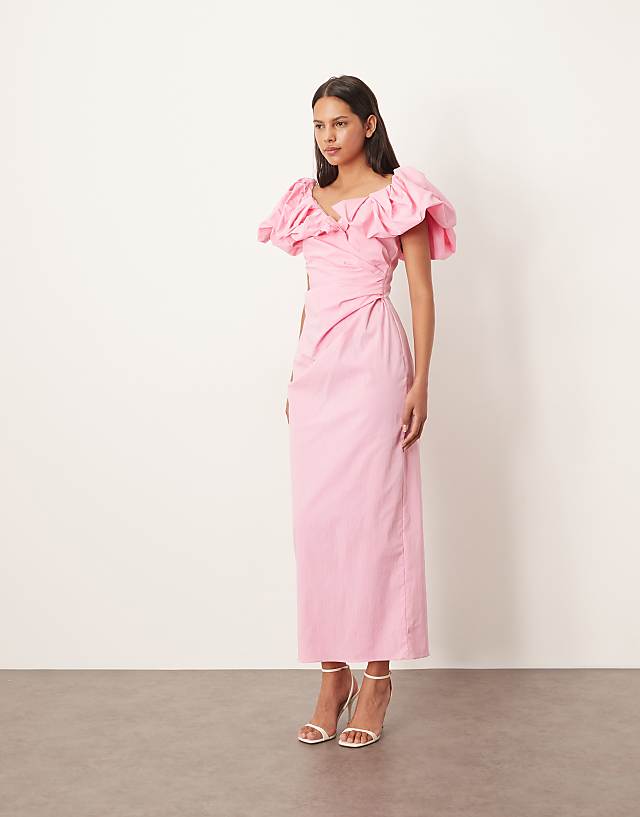 asos ARRANGE bardot ruched puff sleeve maxi dress in pink