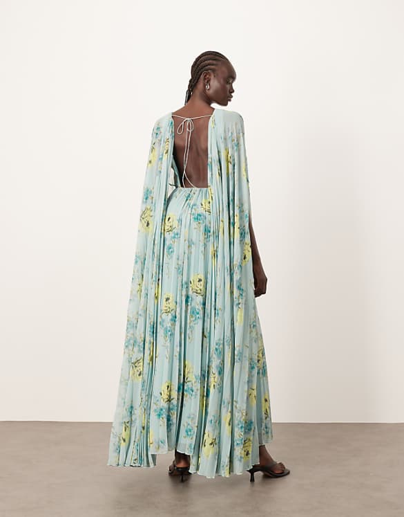 Asos ARRANGE Chiffon Pleat Volume Maxi Dress With Wide Sleeve in Blue Floral