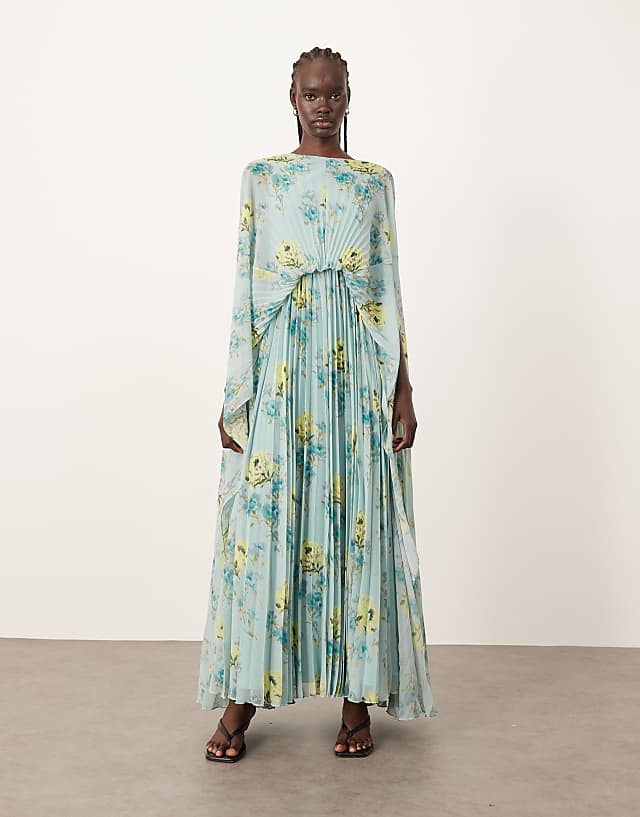 Asos ARRANGE Chiffon Pleat Volume Maxi Dress With Wide Sleeve in Blue Floral
