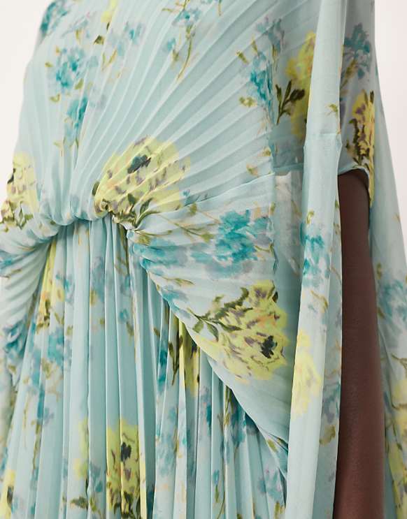 Asos ARRANGE Chiffon Pleat Volume Maxi Dress With Wide Sleeve in Blue Floral