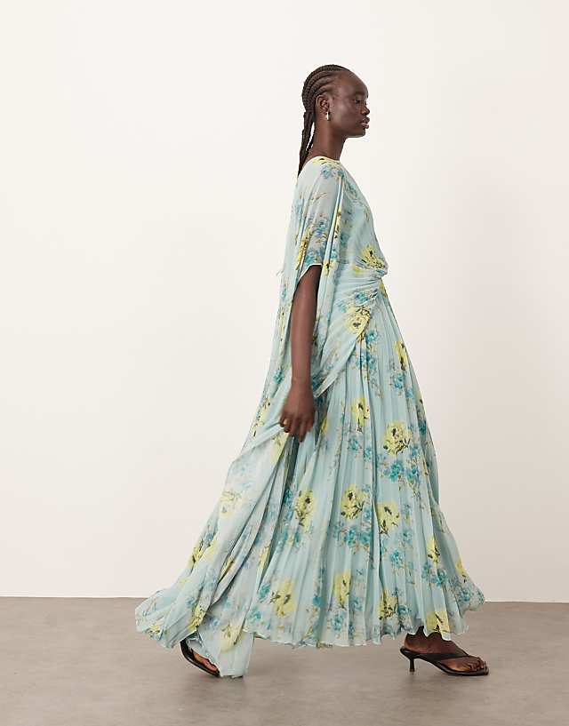 asos ARRANGE chiffon pleat volume maxi dress with wide sleeve in blue floral