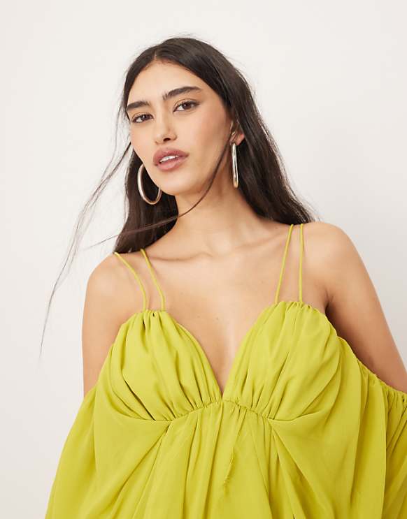 Asos ARRANGE Cold Shoulder Ruffle Full Midi Dress In Lime Green