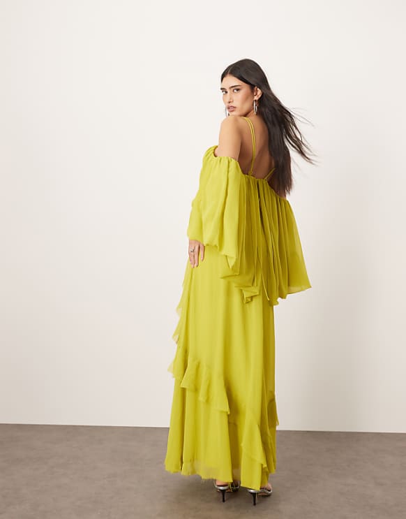 Asos ARRANGE Cold Shoulder Ruffle Full Midi Dress In Lime Green