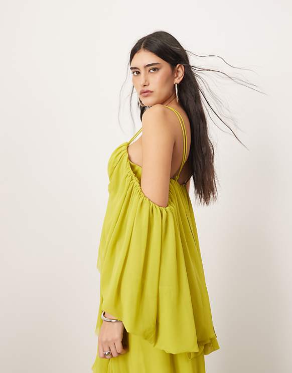 Asos ARRANGE Cold Shoulder Ruffle Full Midi Dress In Lime Green
