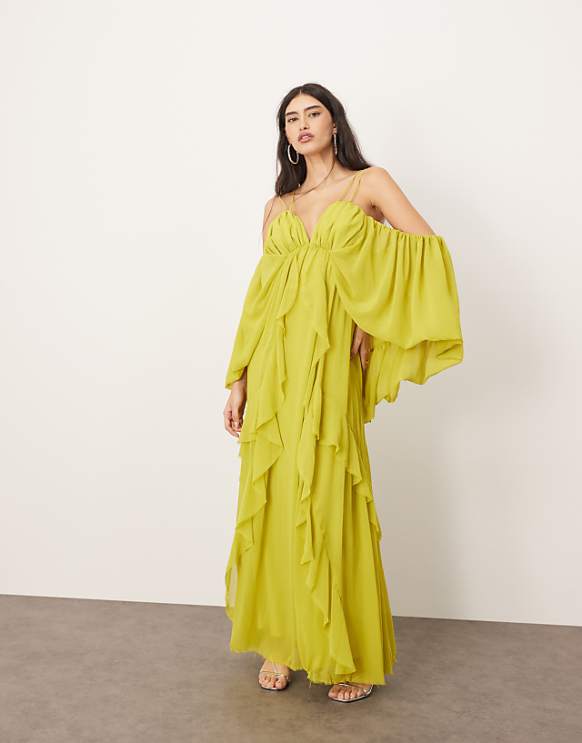 asos ARRANGE cold shoulder ruffle full midi dress in lime green