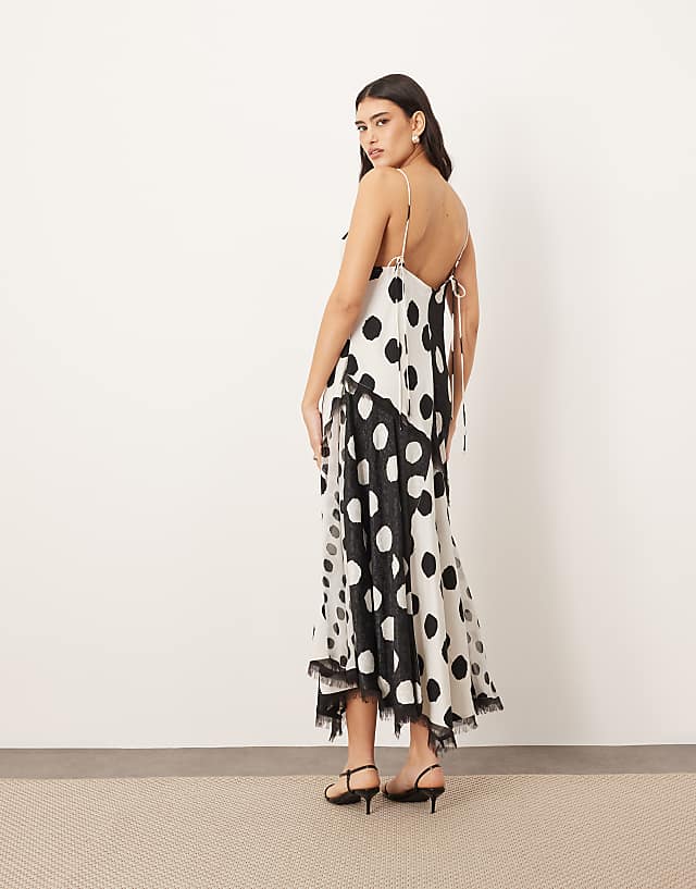 Asos ARRANGE Contrast Fabric Cami Maxi Dress With Hanky Hem In Polka Dot