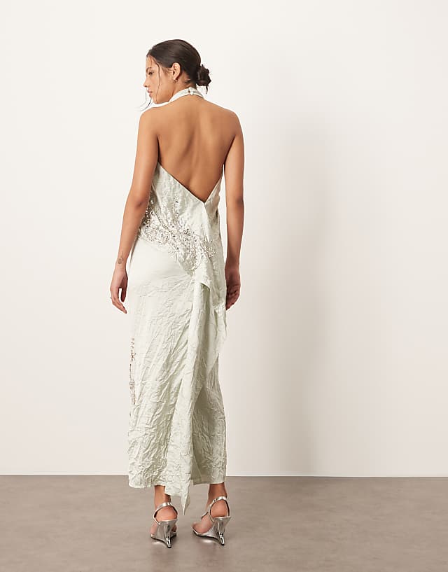 Asos ARRANGE Crinkle Satin Embellished Drape Halter Column Midi Dress In Smoke Grey - GREY