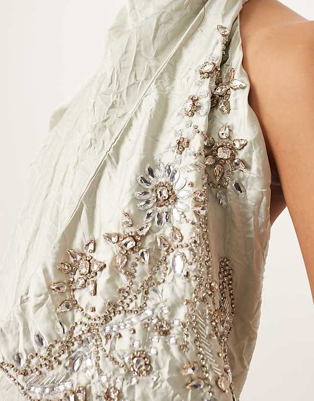 Asos ARRANGE Crinkle Satin Embellished Drape Halter Column Midi Dress In Smoke Grey - GREY