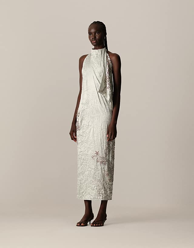 asos ARRANGE crinkle satin embellished drape halter column midi dress in smoke grey - GREY