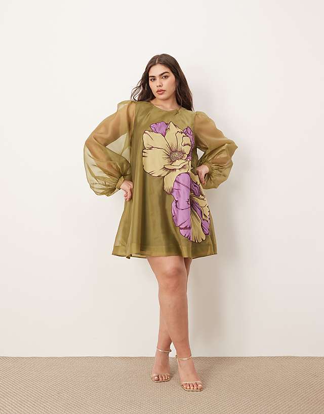 Asos ARRANGE Curve Applique Floral Volume Sleeve A-line Mini Dress In Green