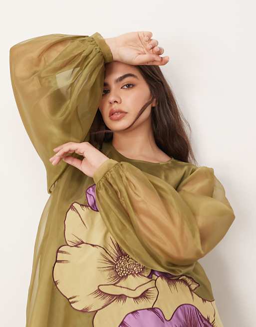 Asos ARRANGE Curve Applique Floral Volume Sleeve A-line Mini Dress In Green