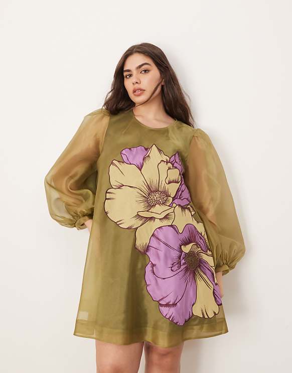 asos ARRANGE Curve applique floral volume sleeve a-line mini dress in green