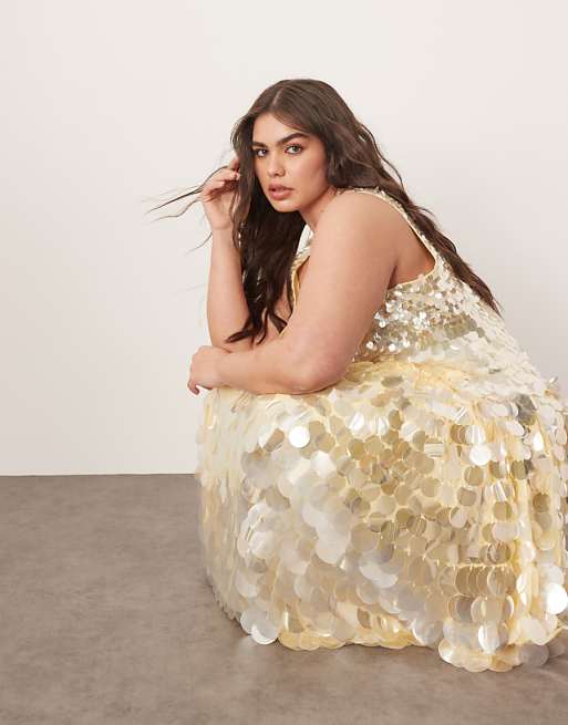 Asos ARRANGE Curve Embellished Disc Sequin Square Neck Full Skirt Midi Dress In Lemon