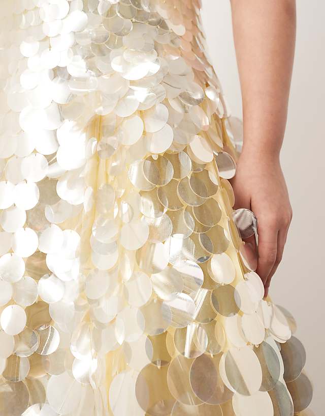 Asos ARRANGE Curve Embellished Disc Sequin Square Neck Full Skirt Midi Dress In Lemon