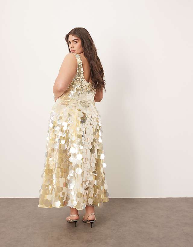 Asos ARRANGE Curve Embellished Disc Sequin Square Neck Full Skirt Midi Dress In Lemon