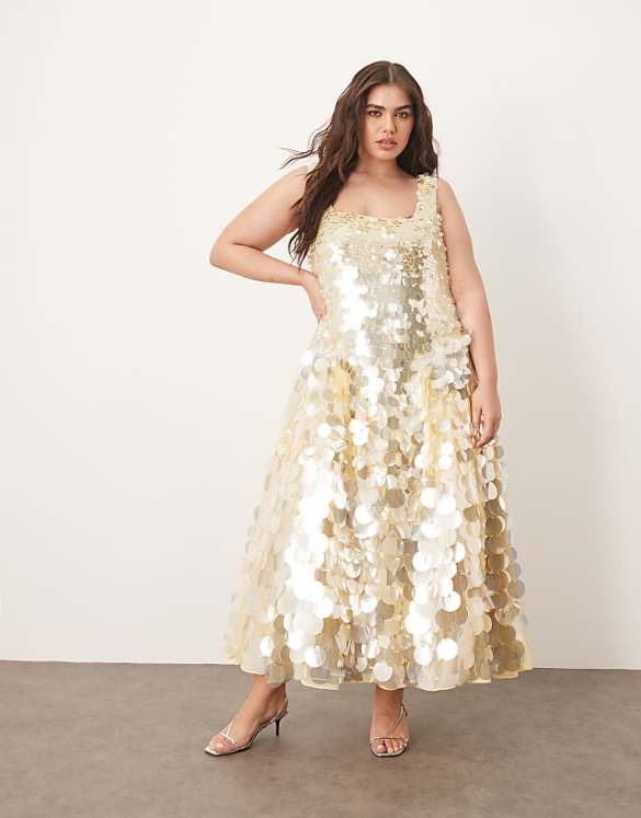 asos ARRANGE Curve embellished disc sequin square neck full skirt midi dress in lemon