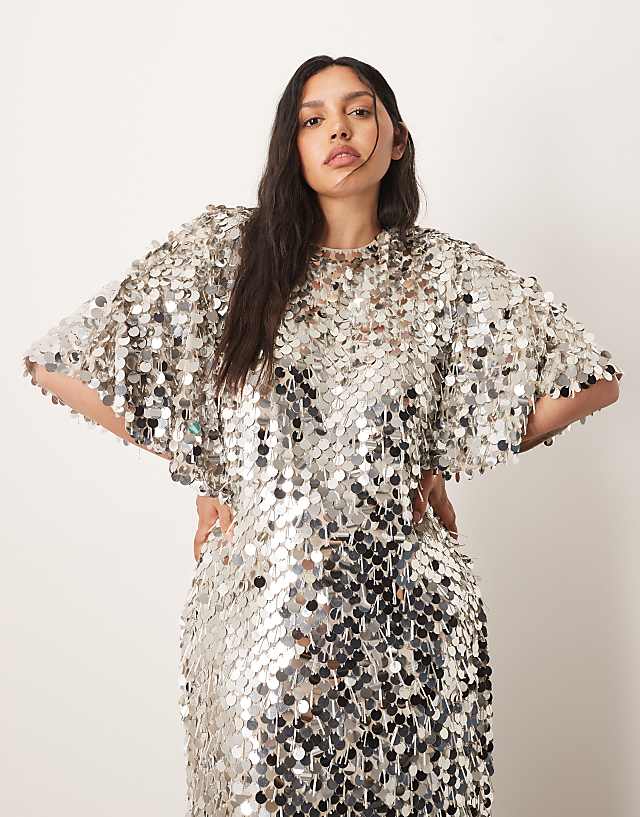 Asos ARRANGE Curve Sequin And Fringe Strong Shoulder Maxi Dress In Silver
