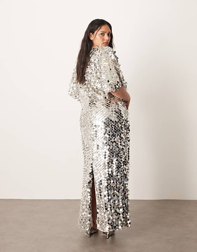 Asos ARRANGE Curve Sequin And Fringe Strong Shoulder Maxi Dress In Silver