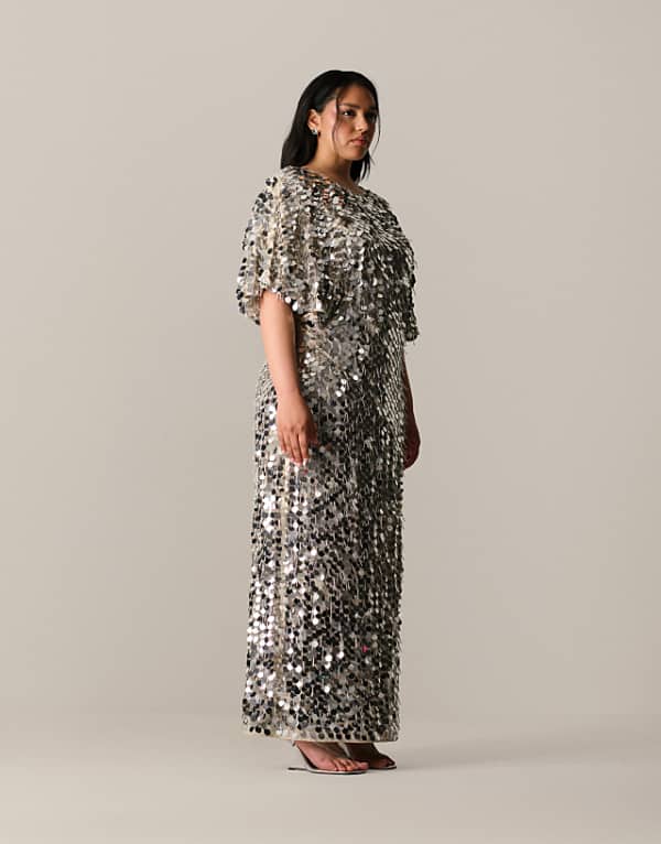 asos ARRANGE Curve sequin and fringe strong shoulder maxi dress in silver