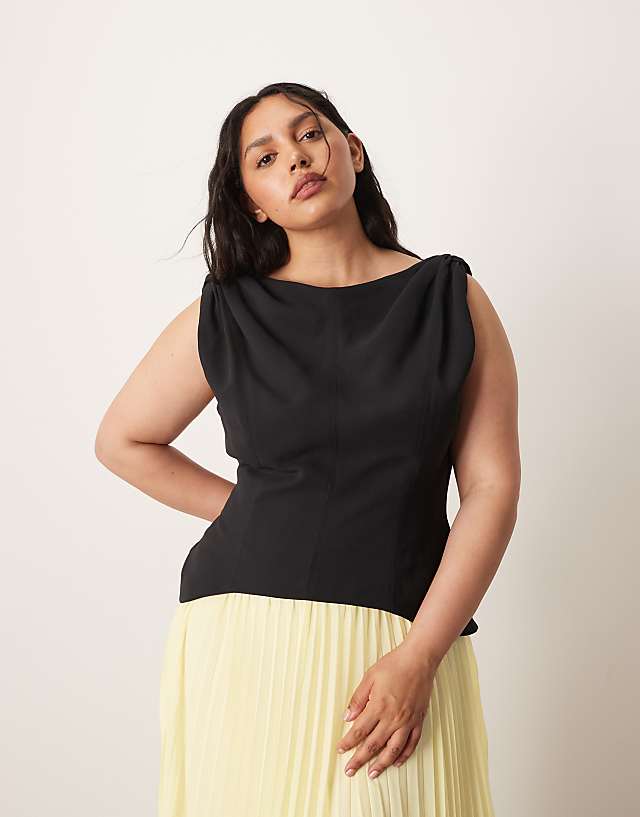 Asos ARRANGE Curve Twist Shoulder Pleat Skirt Hybrid Maxi Dress In Contrast Black And Buttermilk