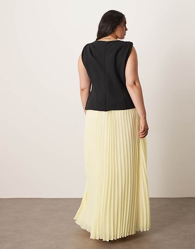 Asos ARRANGE Curve Twist Shoulder Pleat Skirt Hybrid Maxi Dress In Contrast Black And Buttermilk
