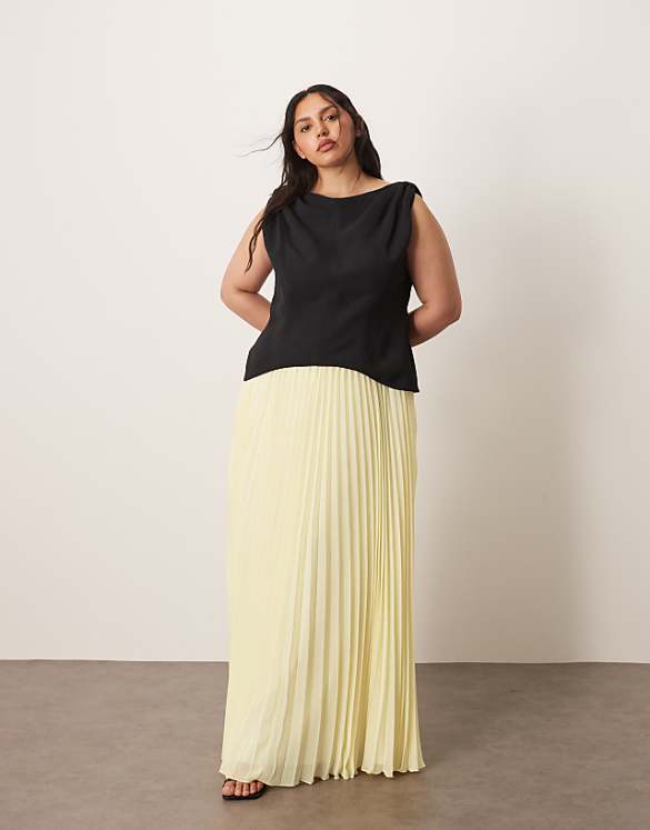 asos ARRANGE Curve twist shoulder pleat skirt hybrid maxi dress in contrast black and buttermilk