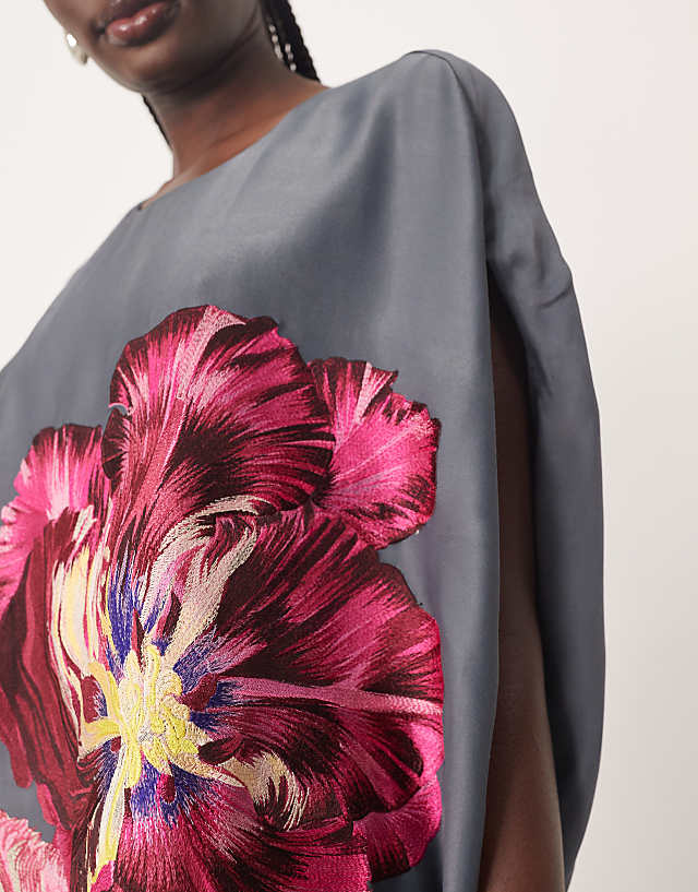Asos ARRANGE Distorted Floral Embroidered Cocoon Mini Dress In Charcoal