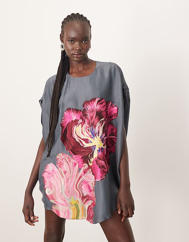 asos ARRANGE distorted floral embroidered cocoon mini dress in charcoal